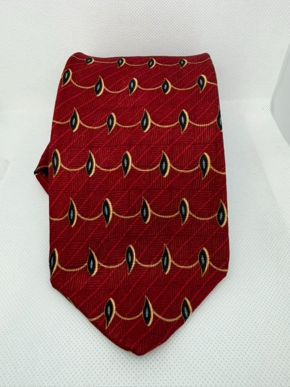 Graham & Lockwood Red Silk Tie With Gold & Black Geometric Pattern Made In Costa